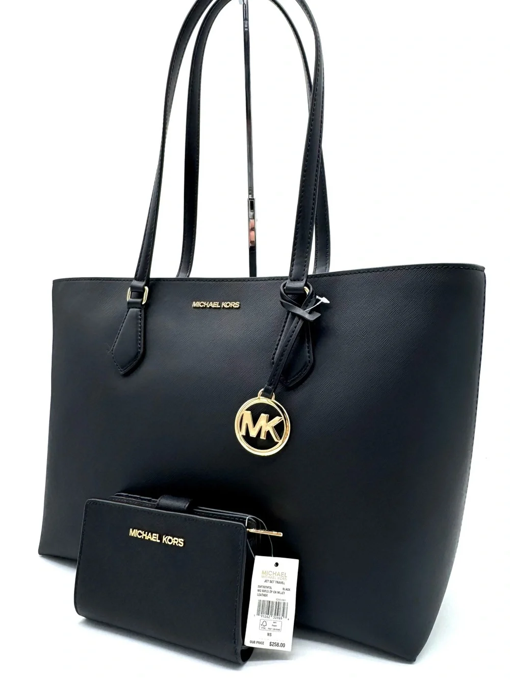 Michael Kors Black Saffiano Tote with Gold MK Charm and Wristlet